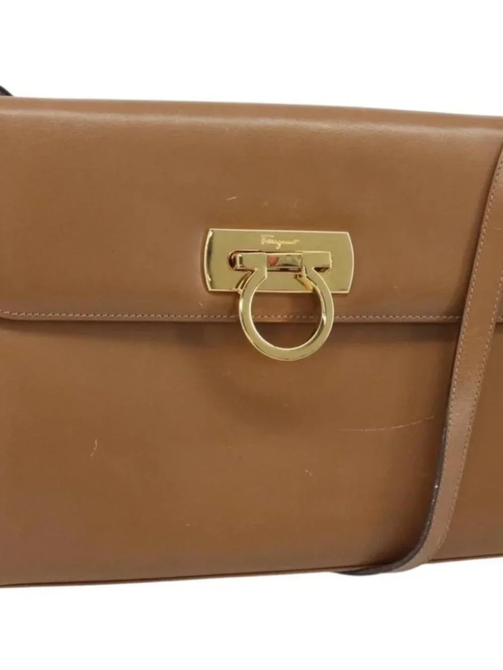 Salvatore Ferragamo Gancini Shoulder Bag Leather Brown Gold Auth gh1940